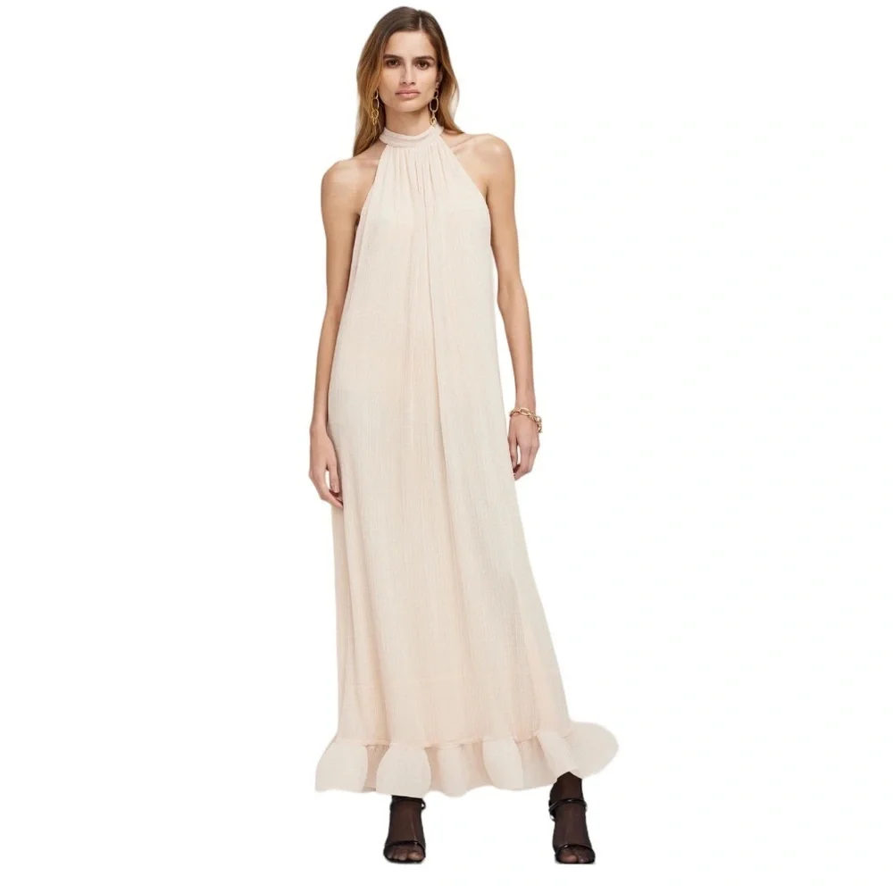 Jonathan Simkhai Textured Rita Halter Neck Shift Maxi Ruffle Dress NWT Sz Medium - Picture 2 of 11